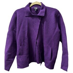 Eileen Fisher Women’s Asymmetrical Boiled Merino Wool Cardigan Sweater Plum XS